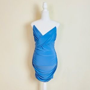 NWT Fashion Nova Baby Blue Ruched V-Neck Clear Strap Bodycon Mini Dress